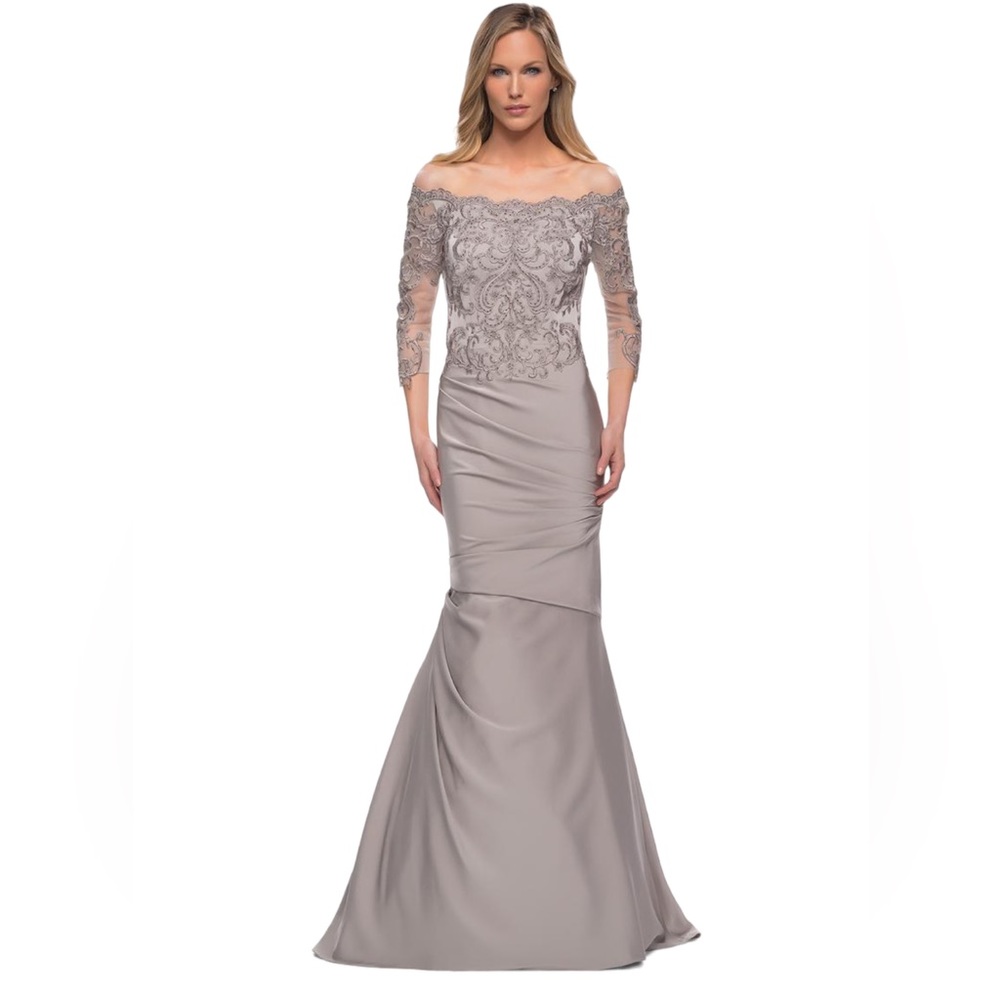 La Femme Gathered Lace Mermaid Gown with Jersey Skirt size 2